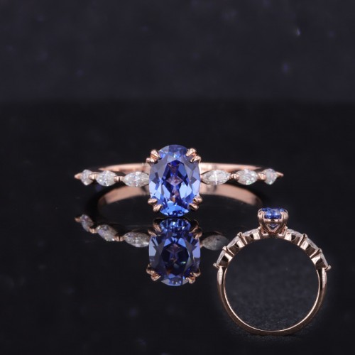 14K Yellow Gold With Royal Bule Lab Grown Sapphire And Six Marquise Cut Moissanites Ring