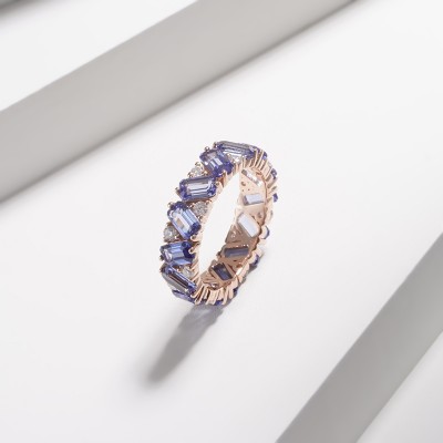 14K Yellow Gold With Royal Blue Color  Lab Grown Sapphire And D VVS1 Moissanites Wedding Ring
