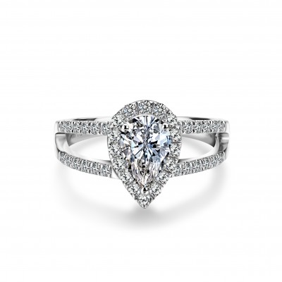 Pear Cut Moissanite Halo Split Shanks 18K White Gold  Engagement Ring